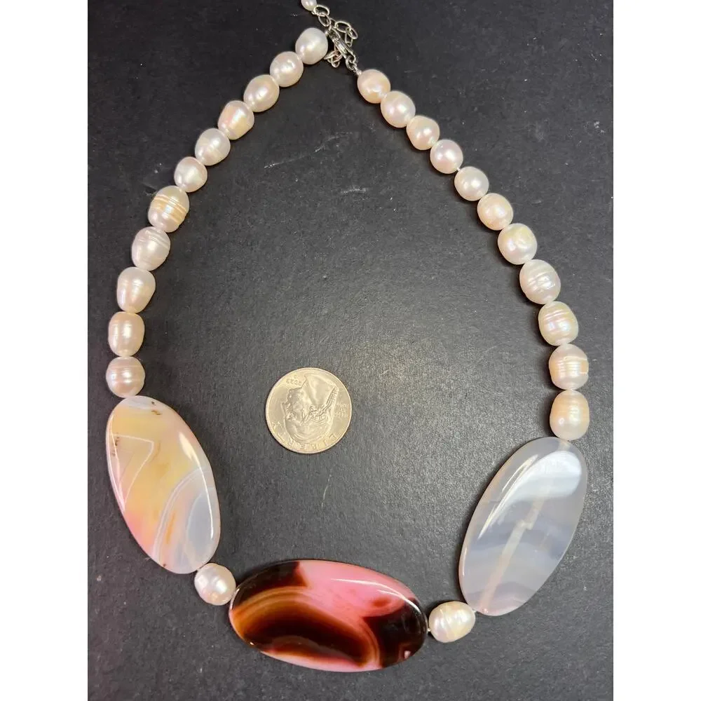 NEW freshwater pearl and agate necklace with sterling silver clasp